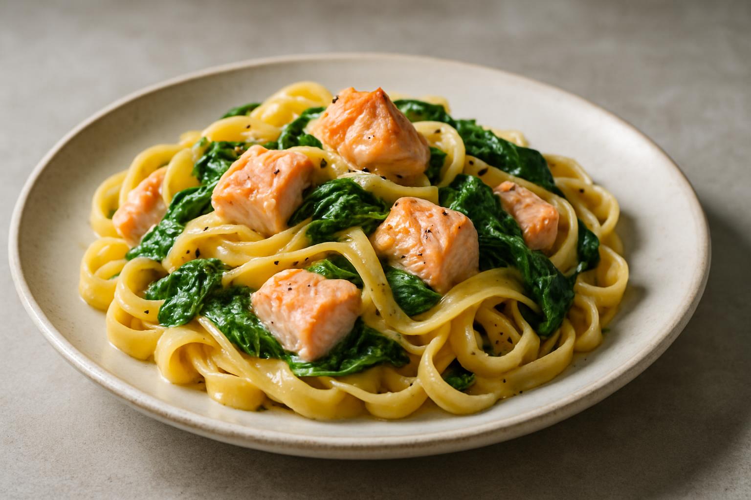pasta met zalm en spinazie
