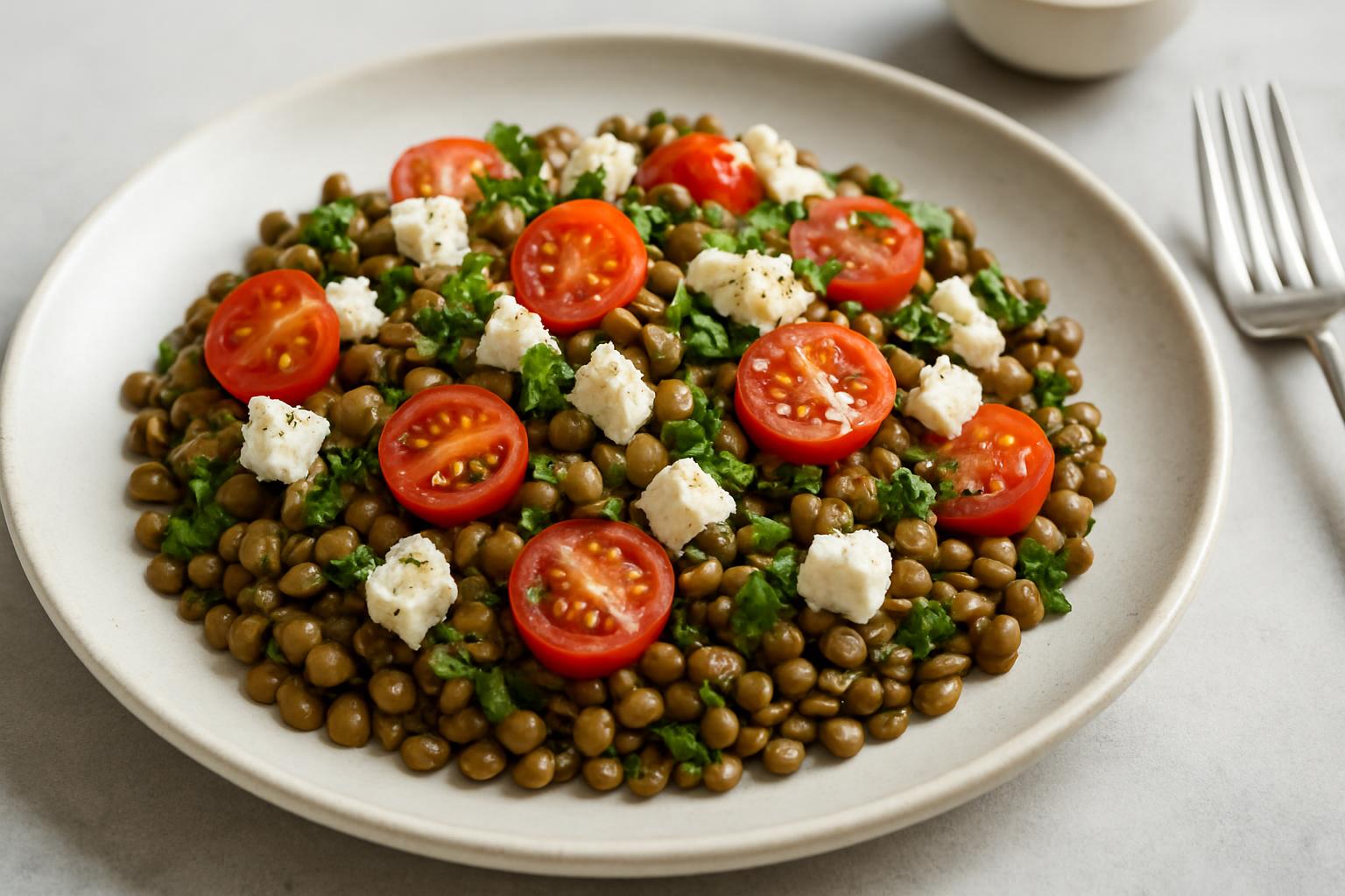 linzensalade met feta en tomaat