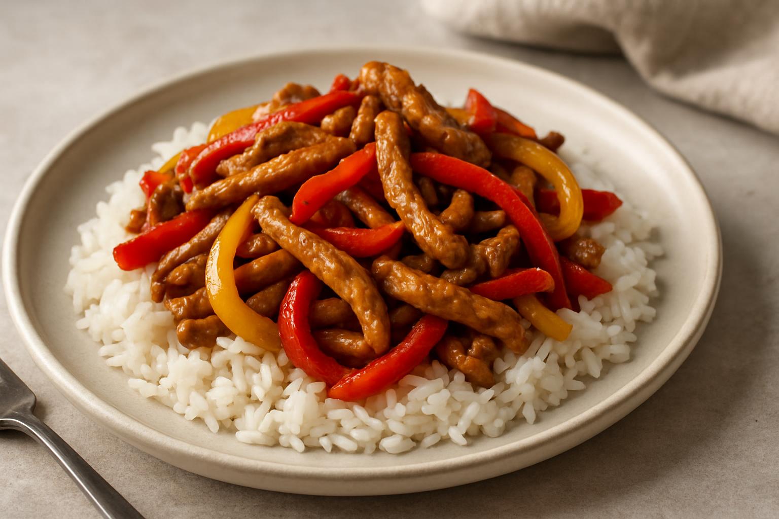 rijst met varkensreepjes en paprika